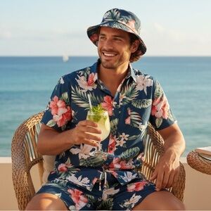 Men's Short Sleeve Hawaiian Shirt Hat Shorts Set Tropic Hawaiian MCEDAR 5XL NWT